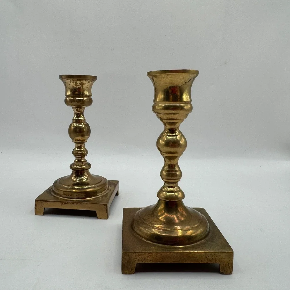 Brass Candlestick Holders Set‎ of 2 Gold Square Base Vintage Style 6.5